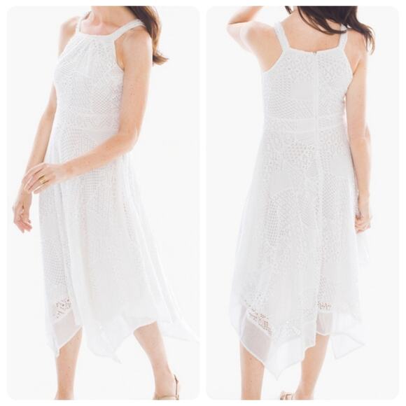 Chico’s Sz 0 White Eyelet Lace Handkerchief Hem Halter Dress Women’s Size Small - Picture 2 of 13